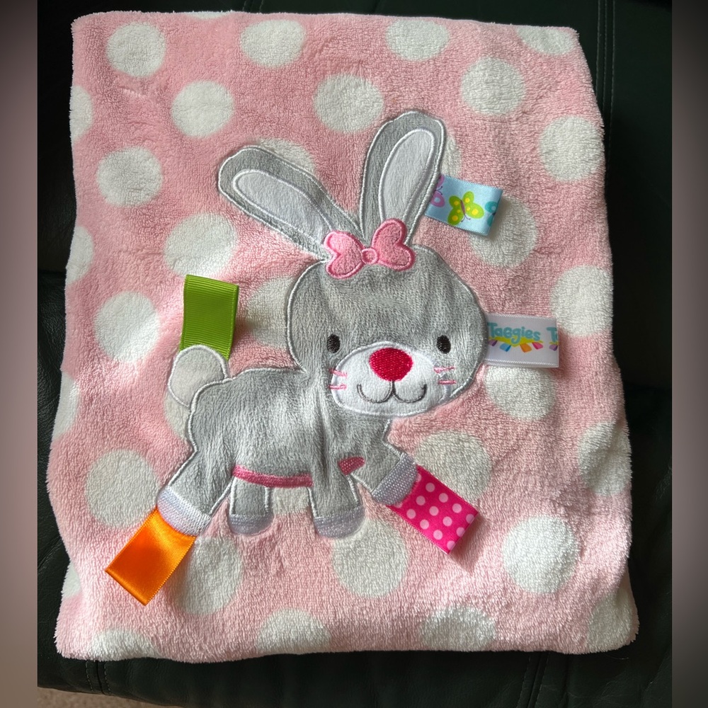 Taggies bunny pink polka dot blanket big EUC 30x40